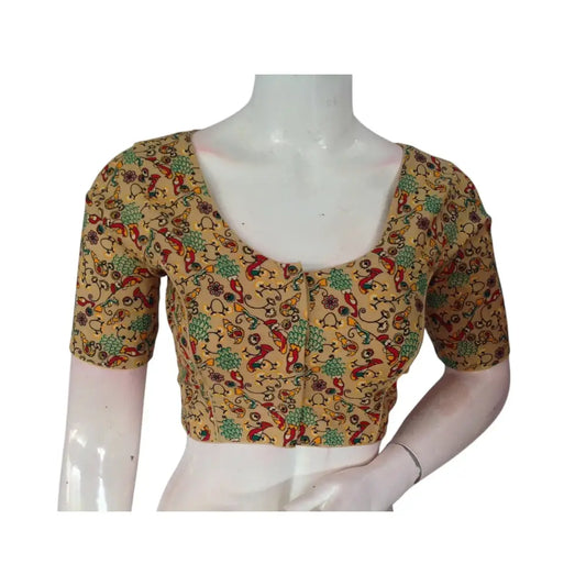 Golden Radiance: Gold Cotton Printed Readymade Saree Blouse - D3blouses