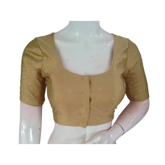 Golden Radiance: Luxurious Semi-Silk Blouse with Intricate Embroidery - D3blouses