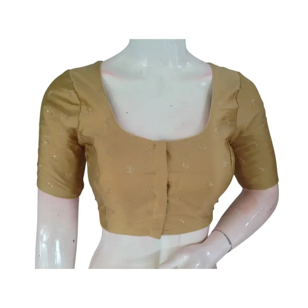 Golden Radiance: Luxurious Semi-Silk Blouse with Intricate Embroidery - D3blouses