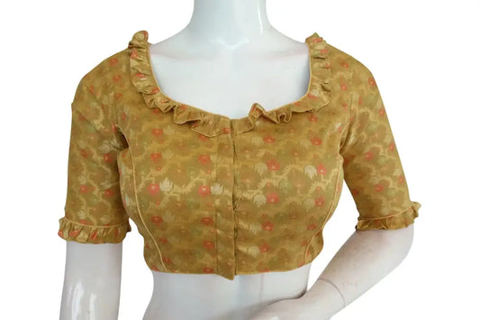 Golden Radiance, Semi Silk Frill Work Designer Readymade Blouse - D3blouses