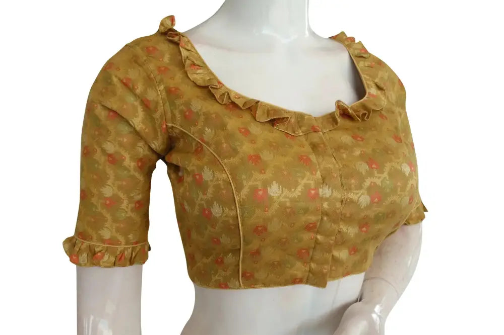 Golden Radiance, Semi Silk Frill Work Designer Readymade Blouse - D3blouses