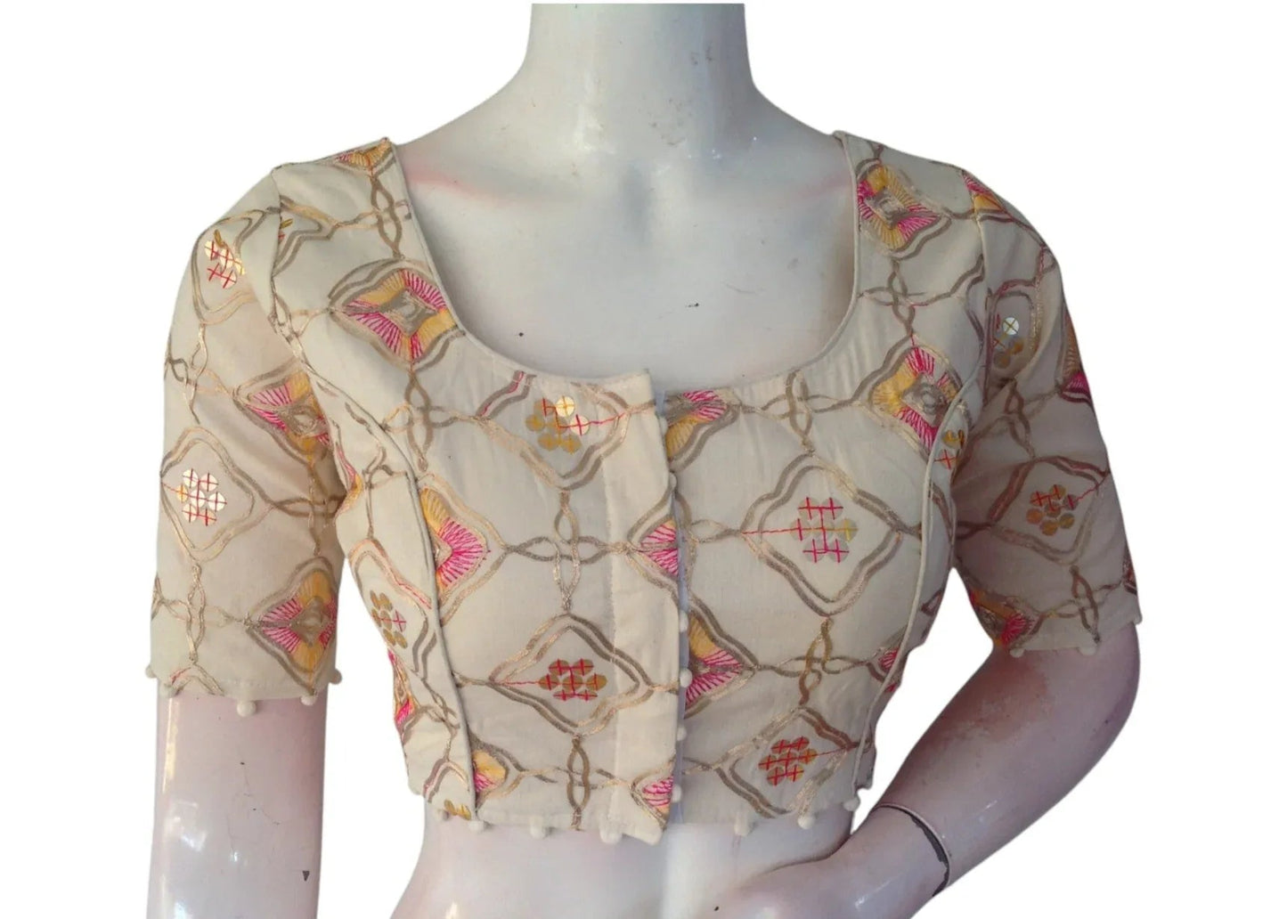 Golden Thread Work" Khadi Cotton Blouse: Sequined Highlights, Rich Texture - D3blouses