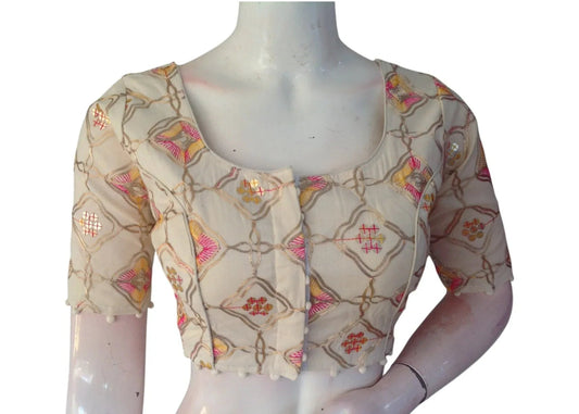 Golden Thread Work" Khadi Cotton Blouse: Sequined Highlights, Rich Texture - D3blouses