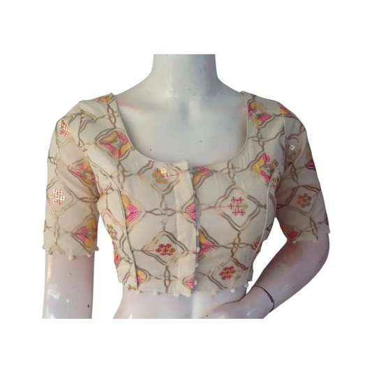 Golden Thread Work" Khadi Cotton Blouse: Sequined Highlights, Rich Texture - D3blouses