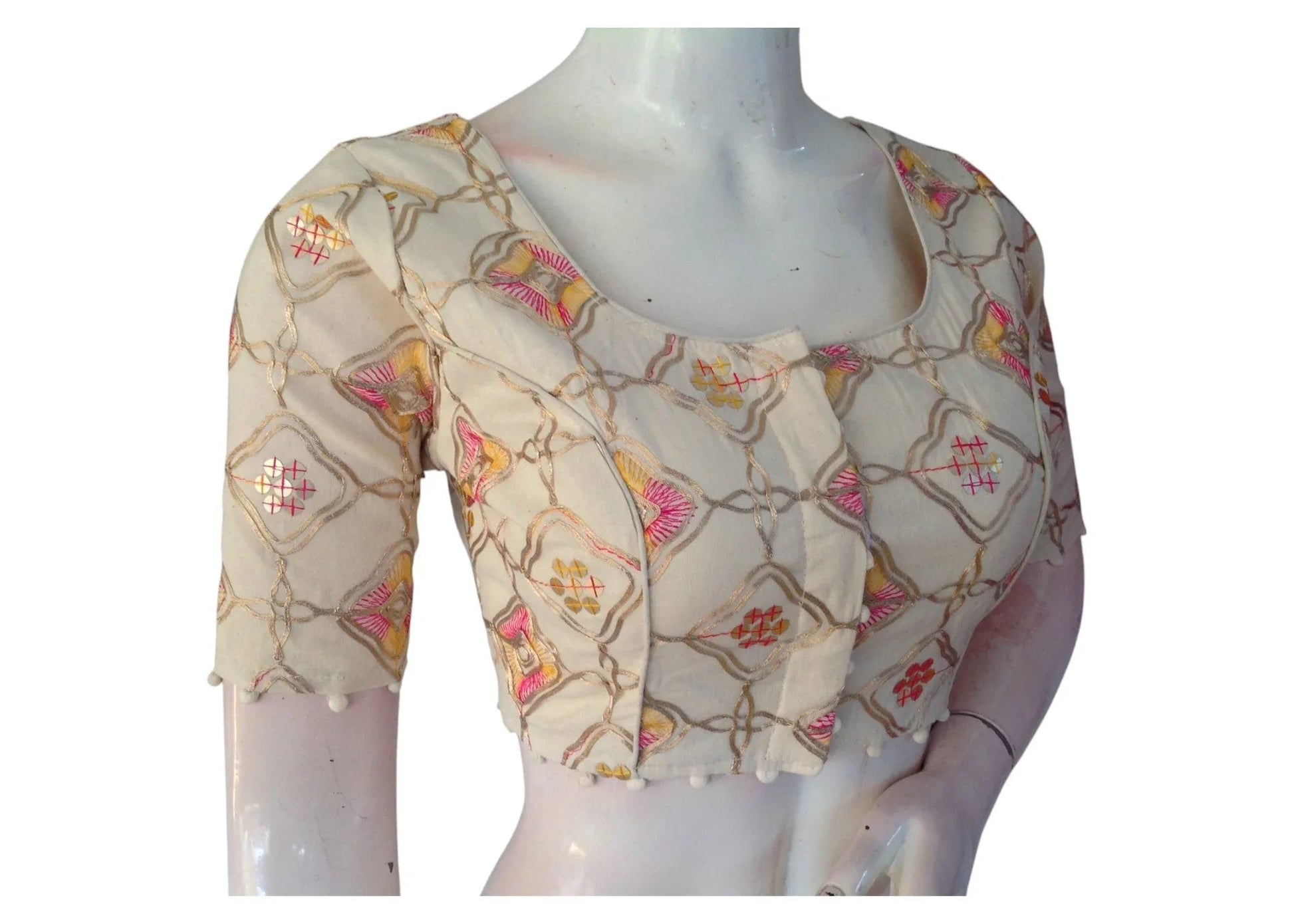 Golden Thread Work" Khadi Cotton Blouse: Sequined Highlights, Rich Texture - D3blouses