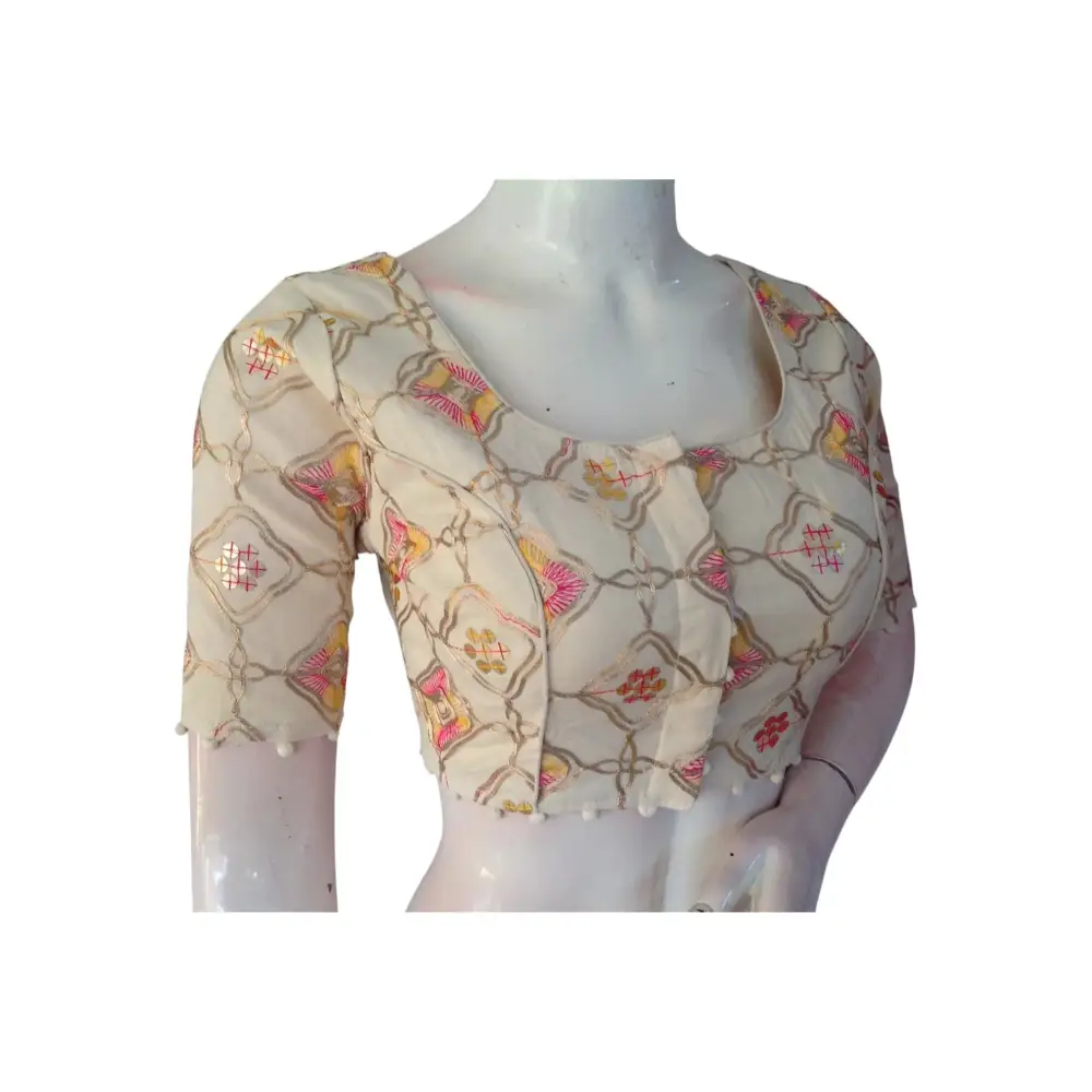 Golden Thread Work" Khadi Cotton Blouse: Sequined Highlights, Rich Texture - D3blouses