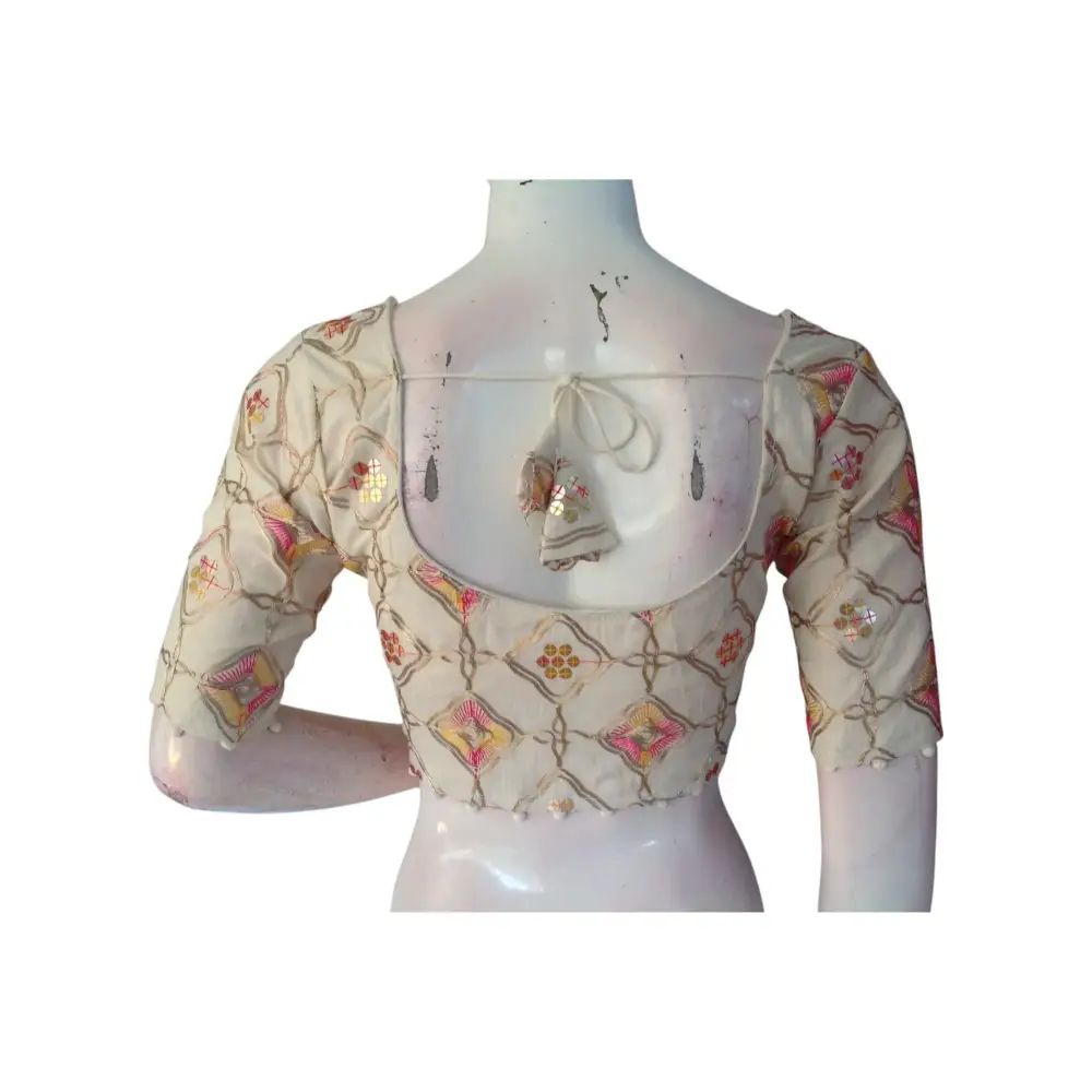 Golden Thread Work" Khadi Cotton Blouse: Sequined Highlights, Rich Texture - D3blouses