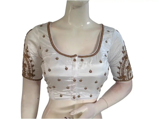 Graceful White Bridal Handwork Saree Blouse, Ethnic Indian Wedding Attire - D3blouses