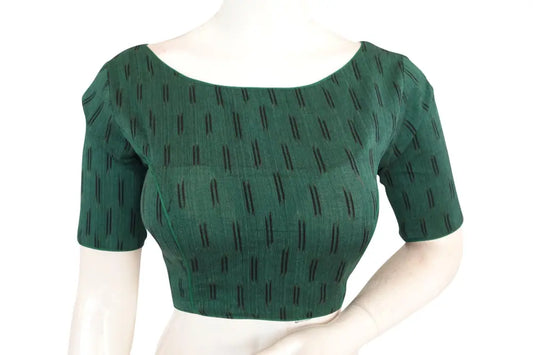 Green Boat Neck Ikkat Cotton Readymade Saree Blouses, Elevate Your Saree Game - D3blouses