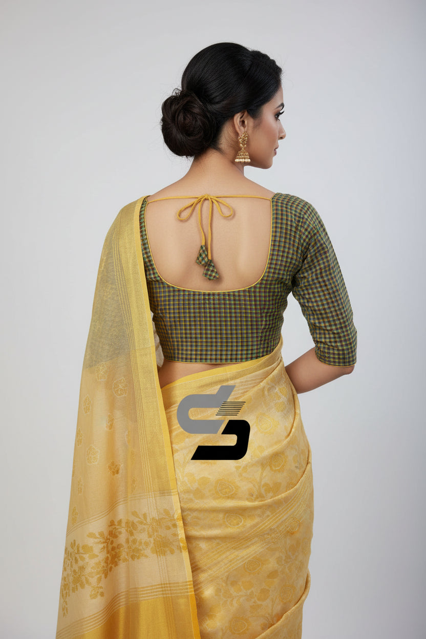 Back view of padded green checks readymade blouse showing deep neck and hook opening.
