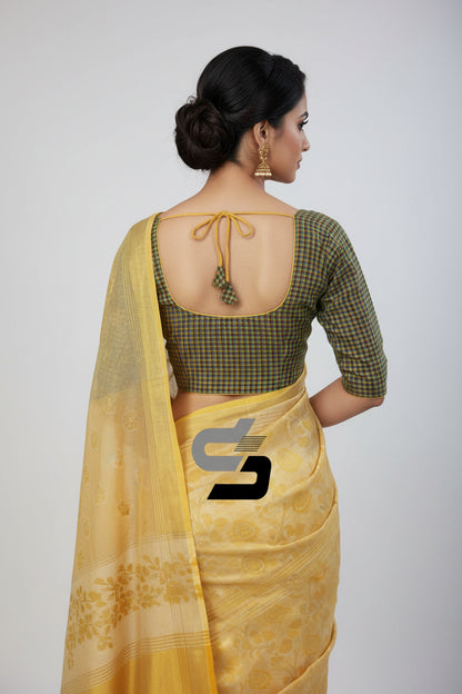 Back view of padded green checks readymade blouse showing deep neck and hook opening.