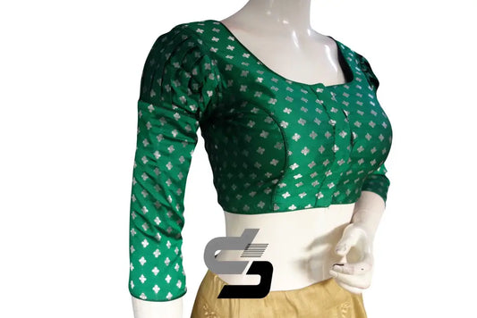 Green Color 3/4th Puff Sleeves Brocade Readymade Saree Blouse - D3blouses