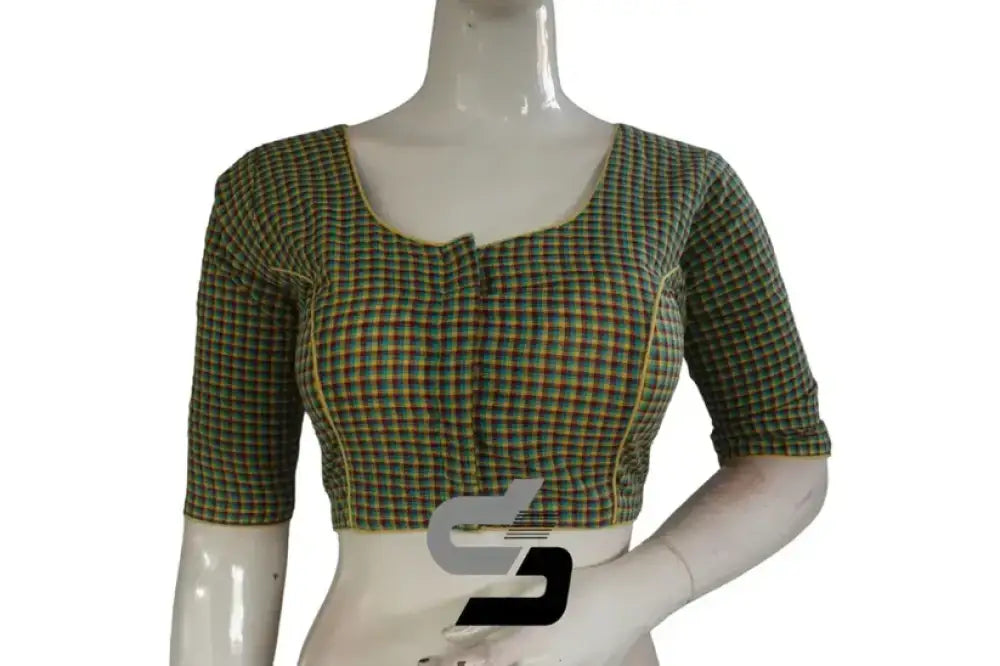 Green Color 3/4th Sleeve Cotton Checks Readymade Saree Blouse (Princess Cut)