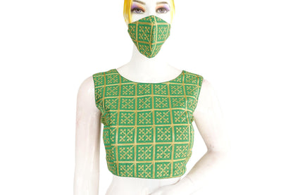 Green Color Banaras Brocade Silk Readymade Blouse with Matching Mask - D3blouses