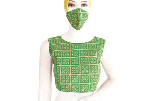 Green Color Banaras Brocade Silk Readymade Blouse with Matching Mask - D3blouses