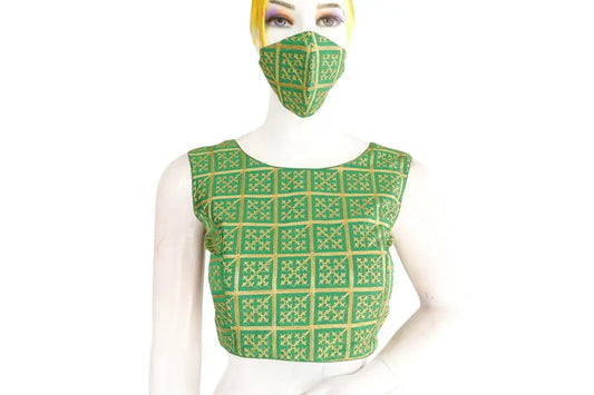 Green Color Banaras Brocade Silk Readymade Blouse with Matching Mask - D3blouses