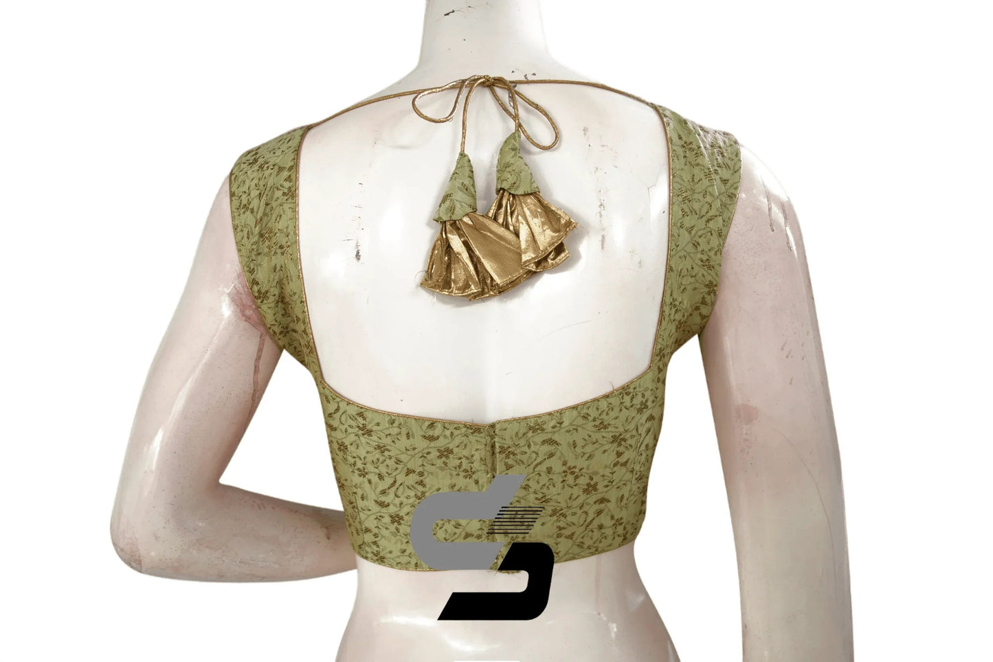 Green Color Banaras Brocade silk Readymade saree blouse With Boat Neck - D3blouses