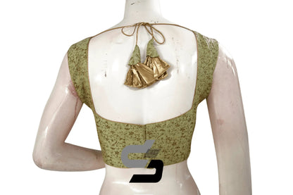 Green Color Banaras Brocade silk Readymade saree blouse With Boat Neck - D3blouses