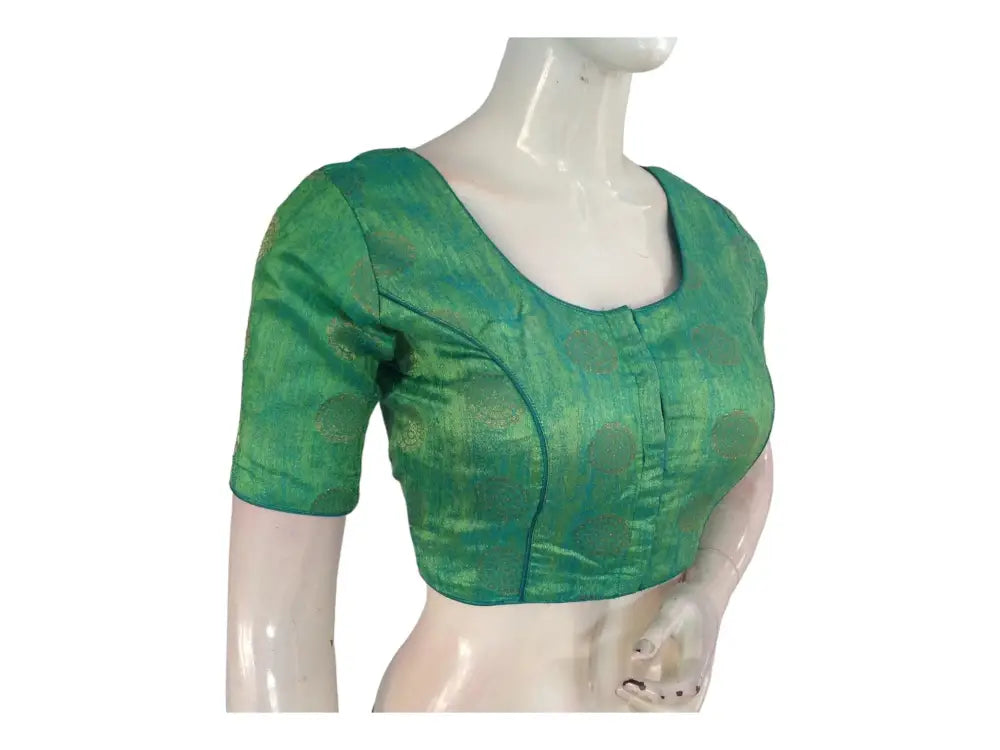 Green Color Brocade Readymade Saree Blouse, Indian Ethnic Silk Saree Blouse - D3blouses