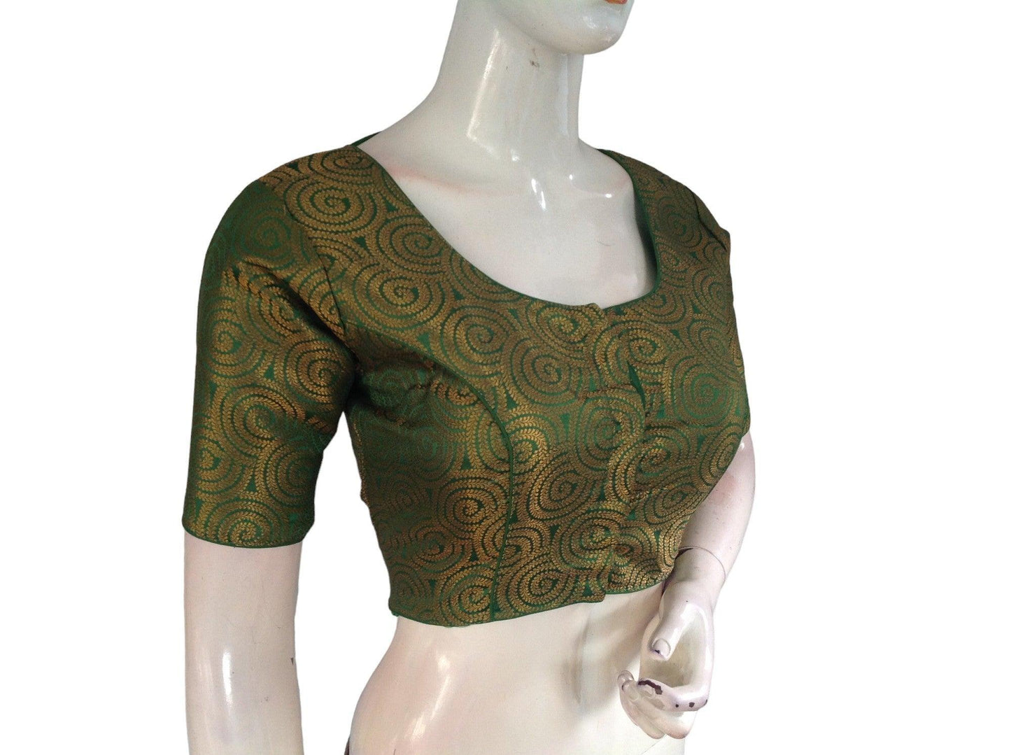 Green Color Brocade Readymade Saree Blouse, Indian Traditional Blouse - D3blouses