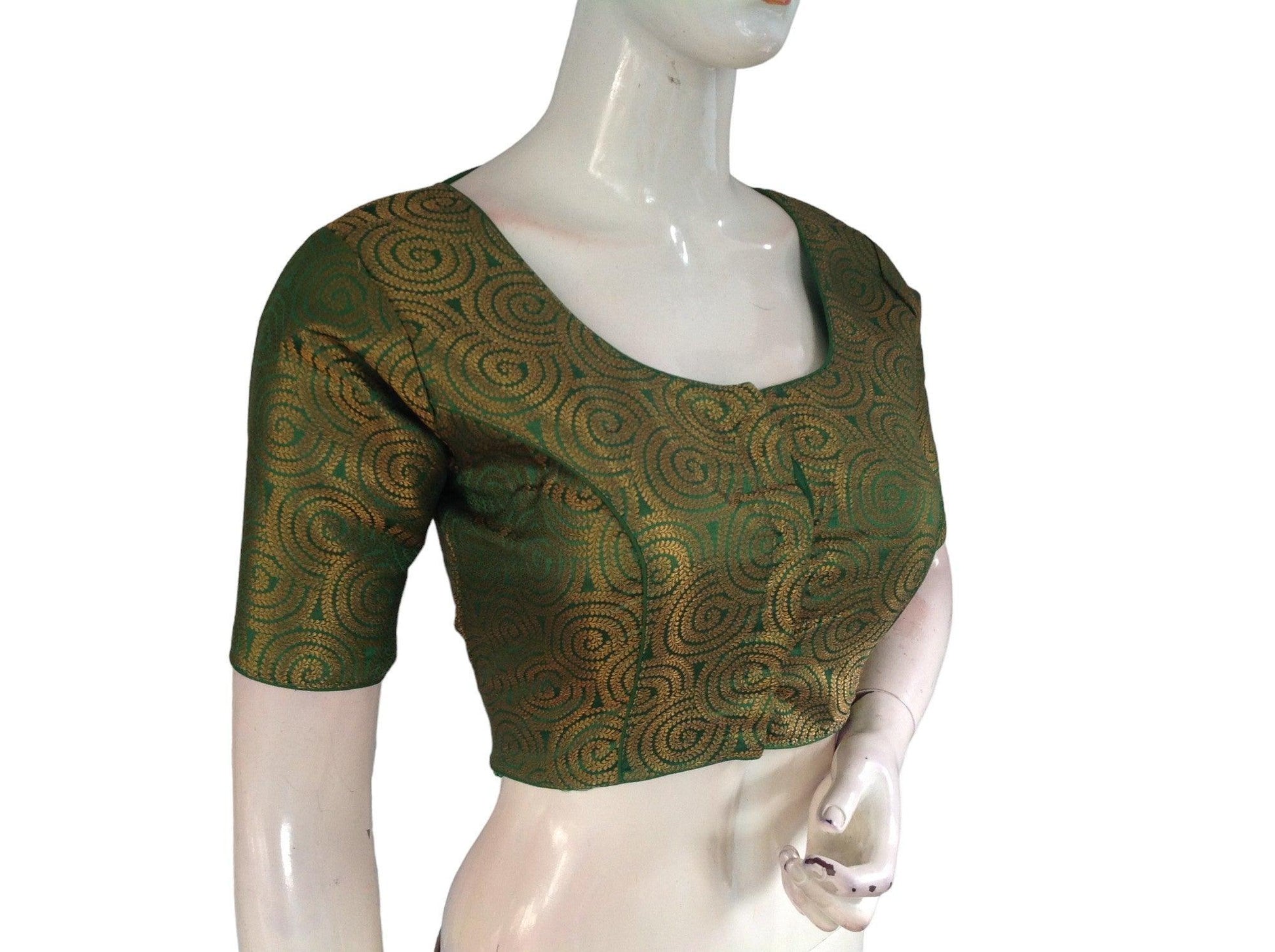 Green Color Brocade Readymade Saree Blouse, Indian Traditional Blouse - D3blouses