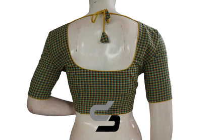 Green Color Cotton Checks Readymade saree blouse , Indian Cotton Readymade blouse - D3blouses
