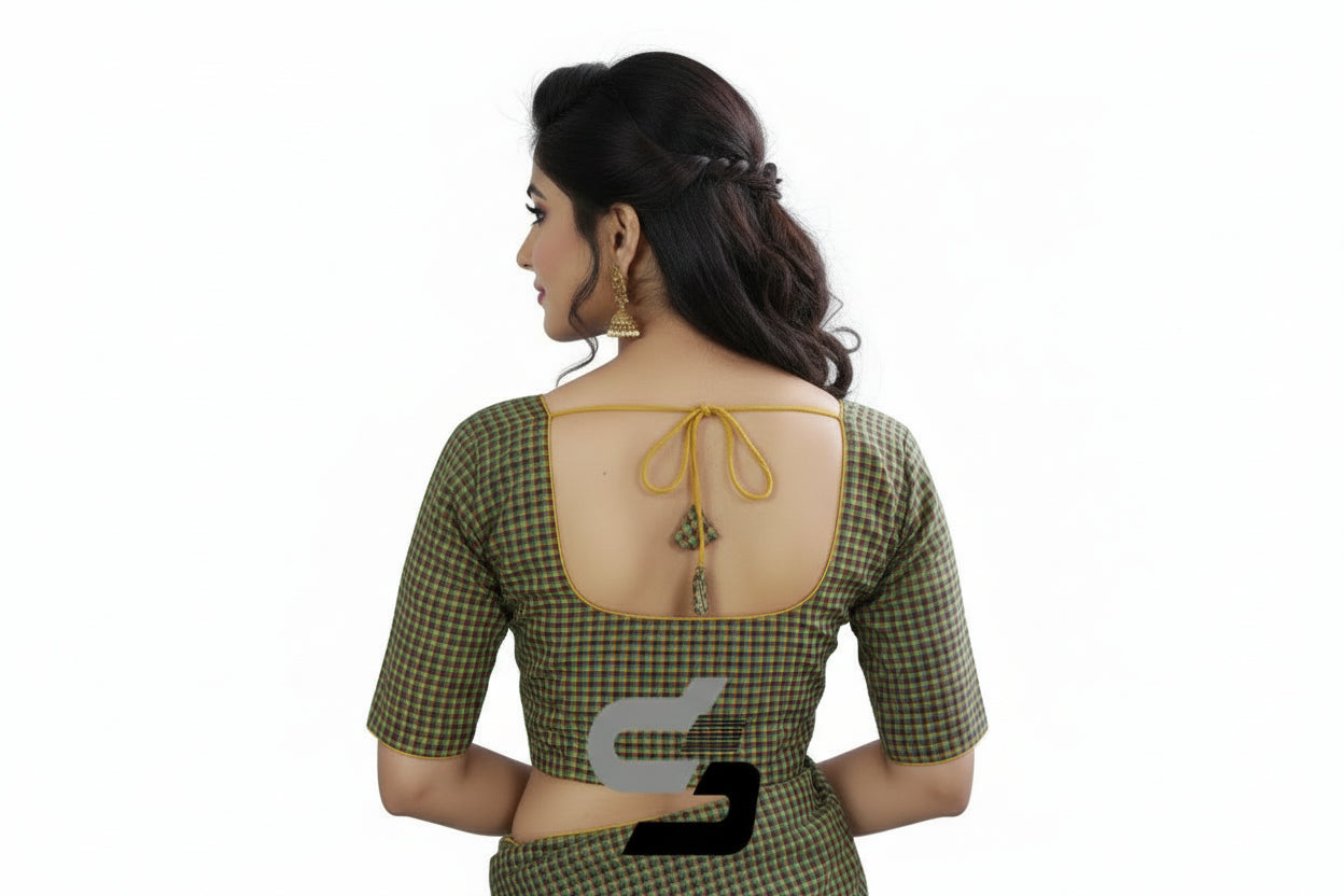 Back view of padded green checks readymade blouse showing deep neck and hook opening