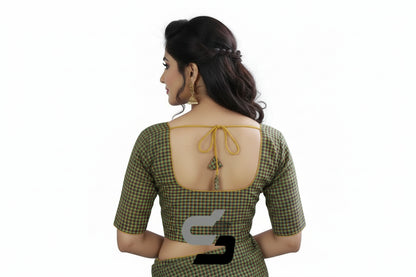 Back view of padded green checks readymade blouse showing deep neck and hook opening