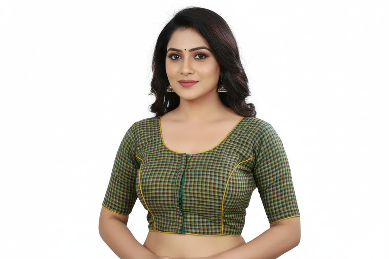 Front view of green cotton checks readymade saree blouse with princess cut fit