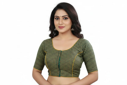 Front view of green cotton checks readymade saree blouse with princess cut fit