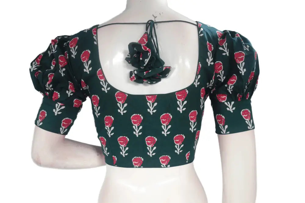 Green Color Cotton Designer Blouse With Puff Sleeves - D3blouses