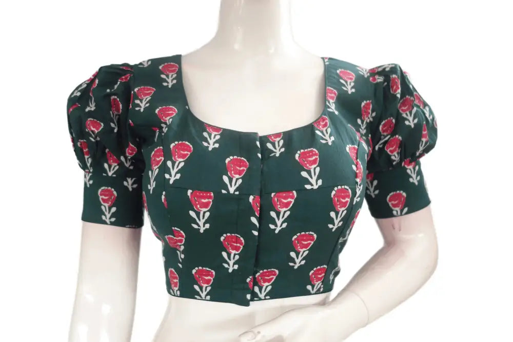 Green Color Cotton Designer Blouse With Puff Sleeves - D3blouses
