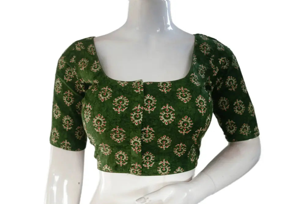 Green Color Cotton Printed Readymade Saree Blouse - D3blouses