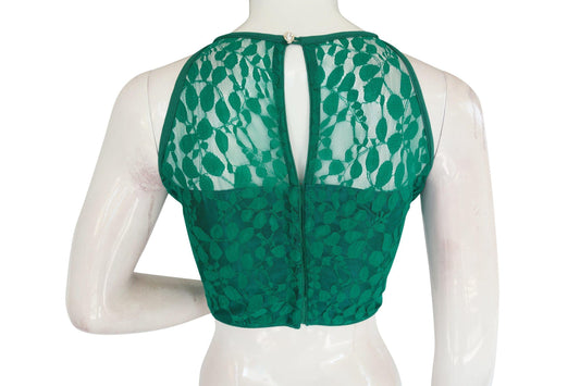 Green Color Designer Floral Embossed Net Sleeveless Readymade saree blouse, Indian saree Readymade blouse - D3blouses