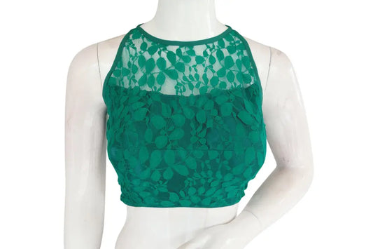 Green Color Designer Floral Embossed Net Sleeveless Readymade saree blouse, Indian saree Readymade blouse - D3blouses