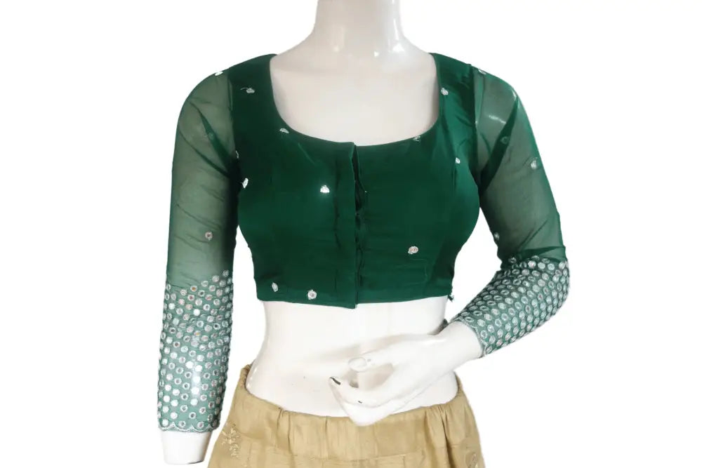 Green Color Designer Net Foil Mirror Readymade Blouse with Bracelet Sleeve and Tassels - D3blouses