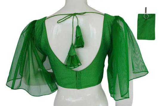 Green Color Designer Ruffle Sleeves Readymade saree blouse, Indian Silk saree Readymade blouse with Mobile Pouch - D3blouses