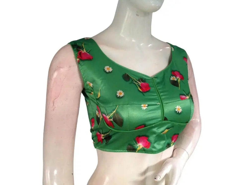 Green Color Floral Satin Printed Designer Readymade Saree Blouse - D3blouses