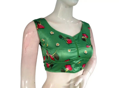 Green Color Floral Satin Printed Designer Readymade Saree Blouse - D3blouses
