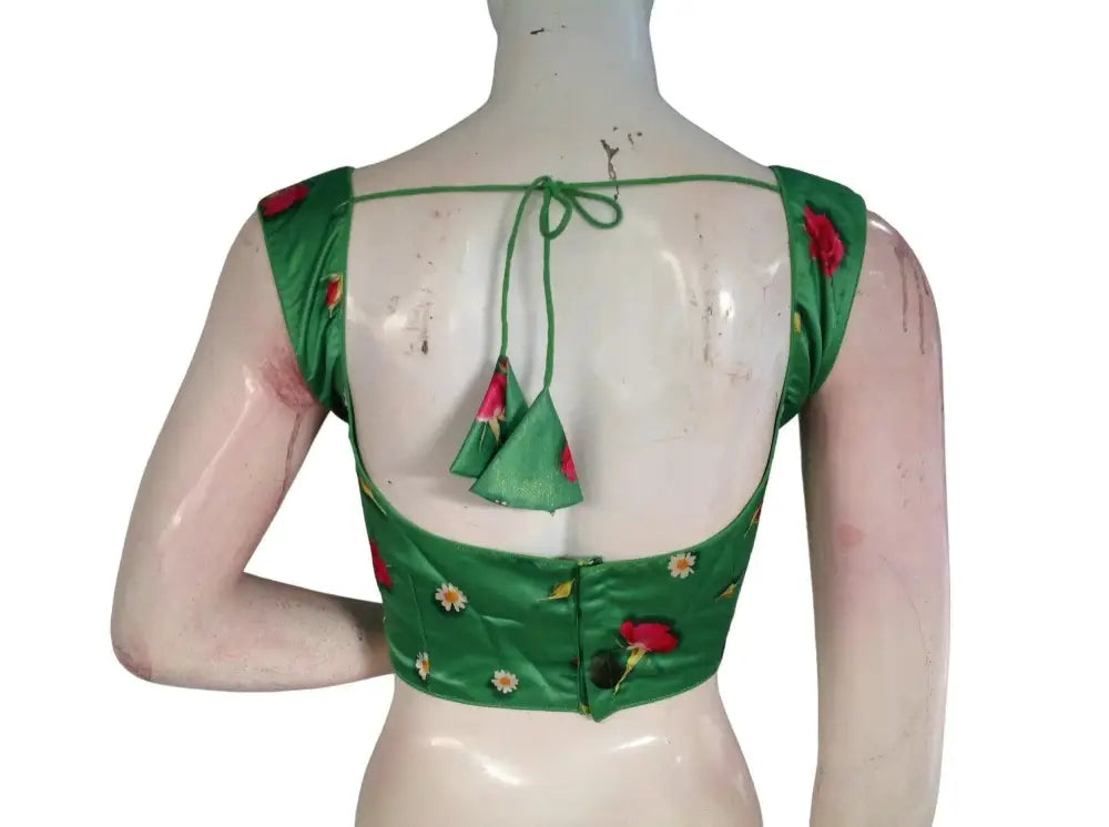 Green Color Floral Satin Printed Designer Readymade Saree Blouse - D3blouses