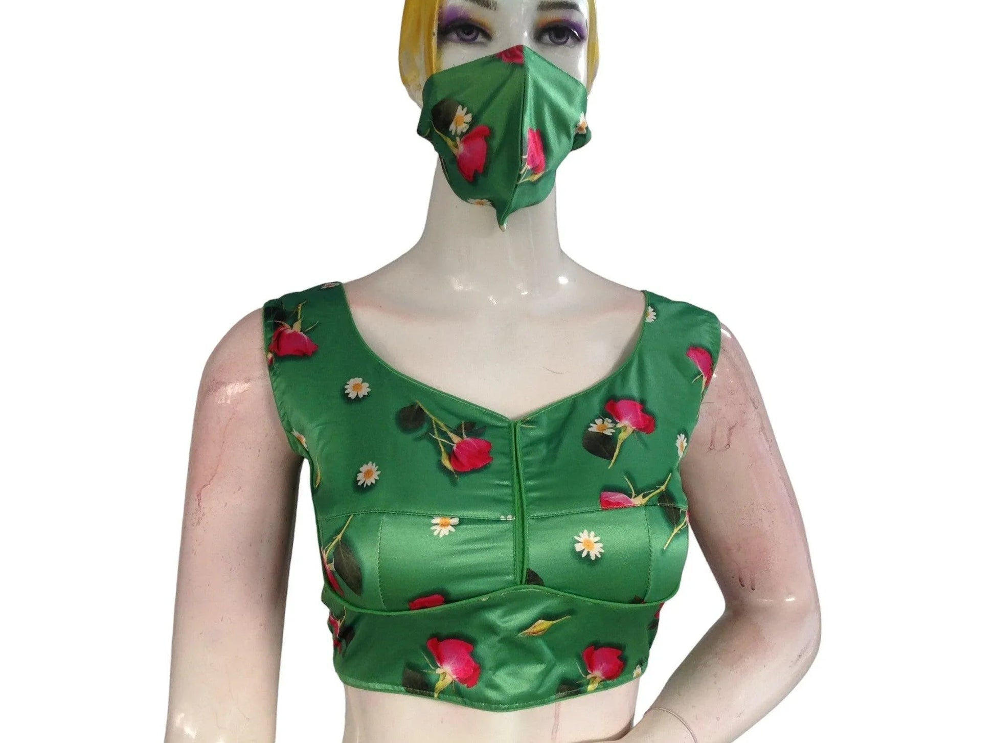 Green Color Floral Satin Printed Designer Readymade Saree Blouse - D3blouses