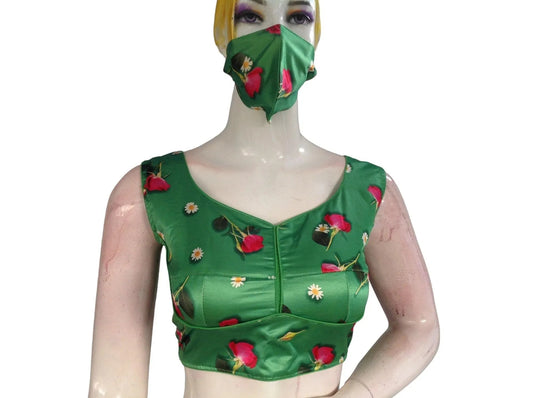 Green Color Floral Satin Printed Designer Readymade Saree Blouse - D3blouses