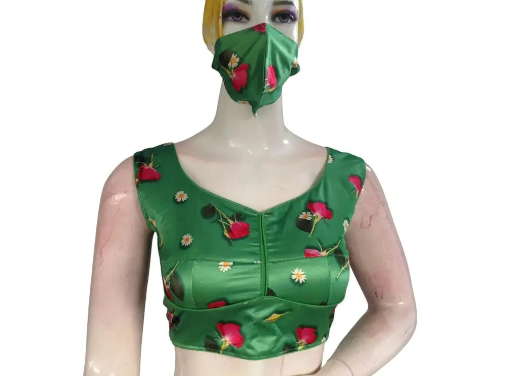 Green Color Floral Satin Printed Designer Readymade Saree Blouse - D3blouses