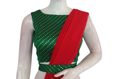 Green Color Georgette Sequin Boat neck Designer Readymade Blouse with Saree Belt - D3blouses