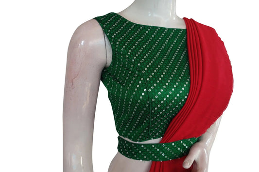 Green Color Georgette Sequin Boat neck Designer Readymade Blouse with Saree Belt - D3blouses