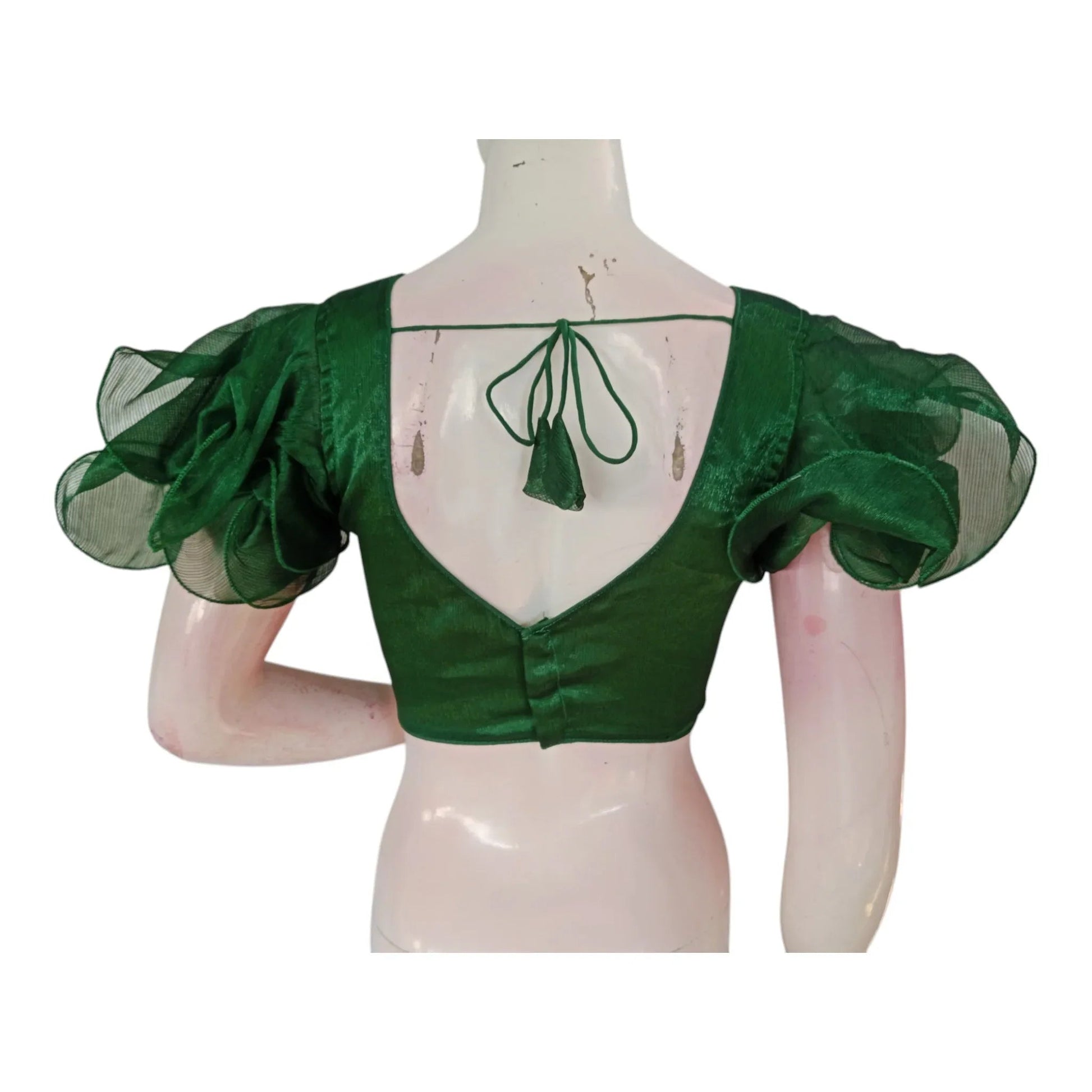 Green Color Organza Ruffle Sleeve Saree Blouse | Unique Designer Choli - D3blouses
