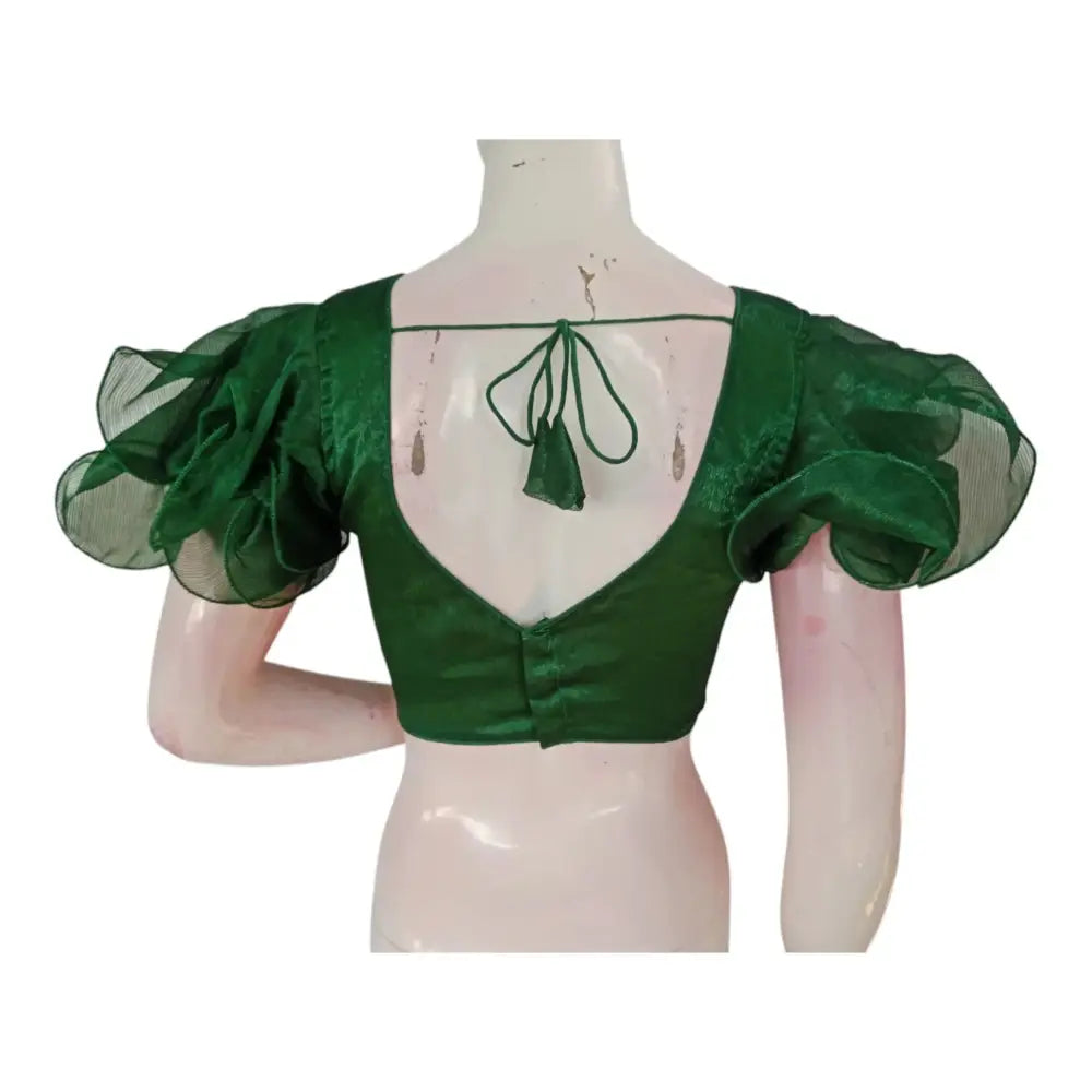 Green Color Organza Ruffle Sleeve Saree Blouse | Unique Designer Choli - D3blouses
