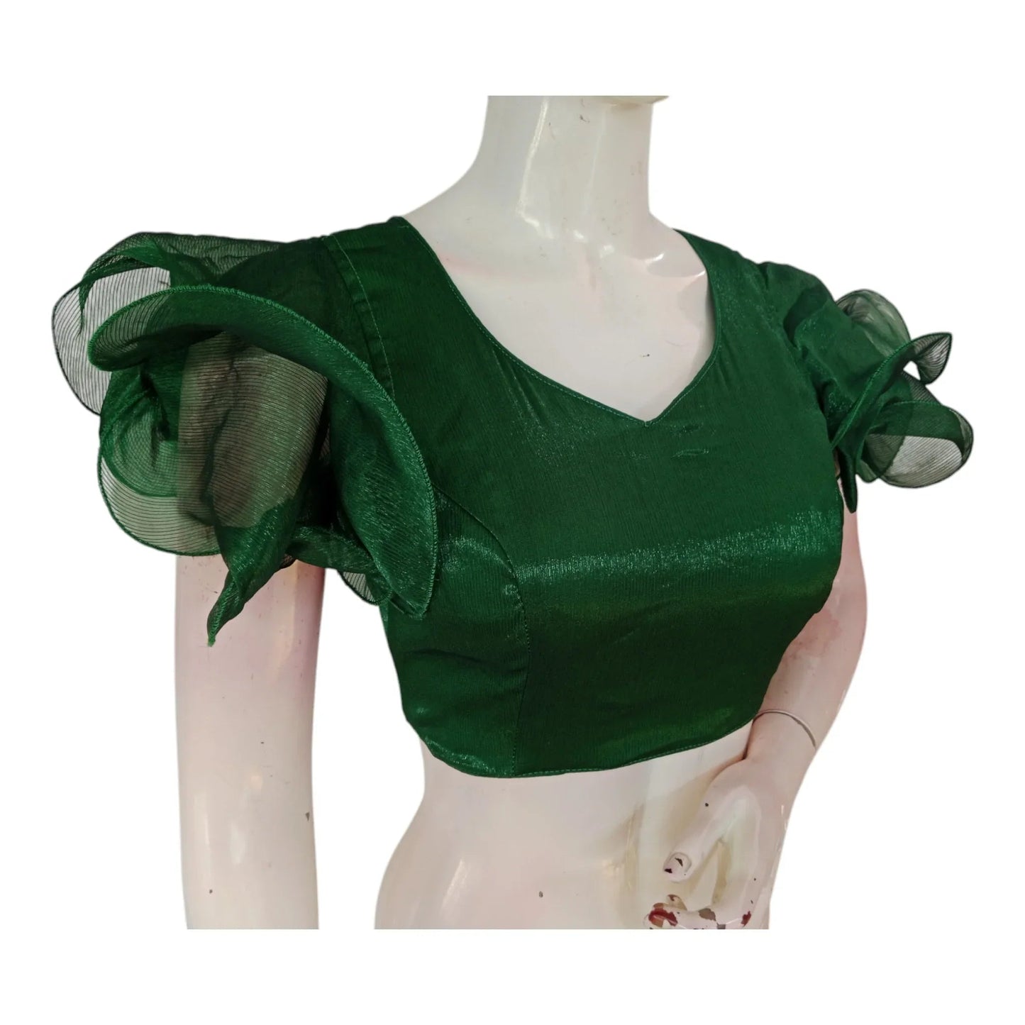 Green Color Organza Ruffle Sleeve Saree Blouse | Unique Designer Choli - D3blouses