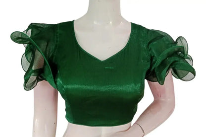 Green Color Organza Ruffle Sleeve Saree Blouse | Unique Designer Choli - D3blouses