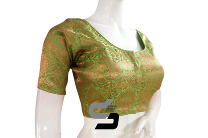 Green Color Premium Brocade Silk Readymade Saree Blouse - D3blouses